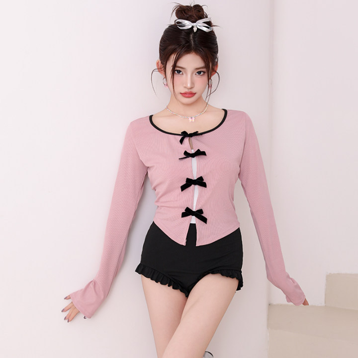 Traje de baño de dos piezas para mujer, estilo nuevo 2025, dulce estilo bailarina, rosa, conservador, de manga larga, para vacaciones