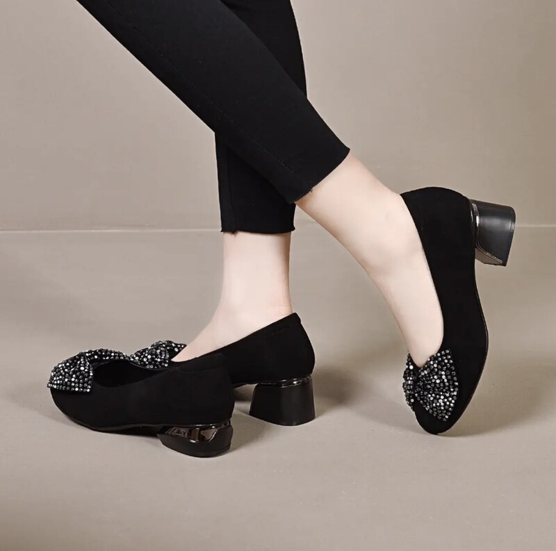 Sparkling Diamond Bow Single Shoes, Mesh Mid-Heeled Beanie Shoes, Fashionable, Comfortable, Breathable, Shallow-Mouthed Women's Shoes