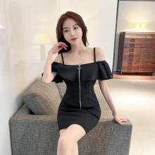 2024夏季日韩版女装性感荷叶边一字领露肩紧身包臀吊带连衣裙6091