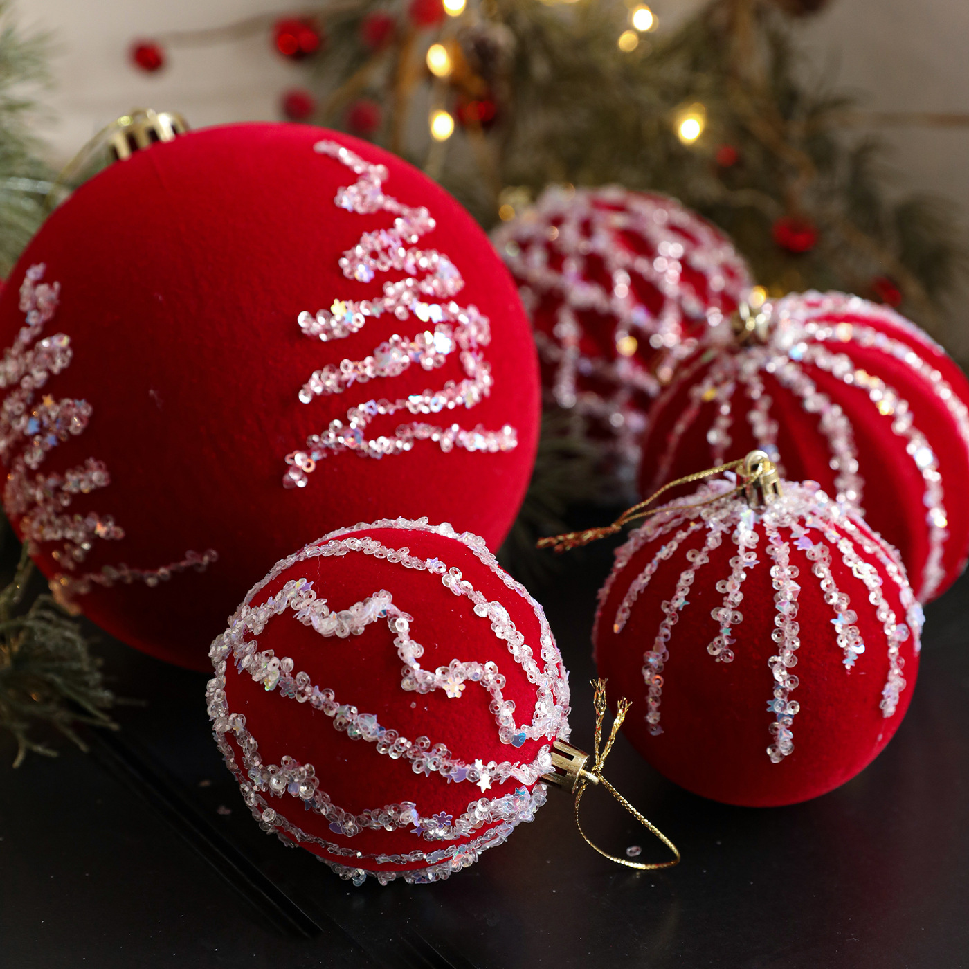 Nuevo rojo flocado bola polvo adhesivo sequinilla bola de Navidad árbol de Navidad ventana decoración del centro comercial accesorios de decoración