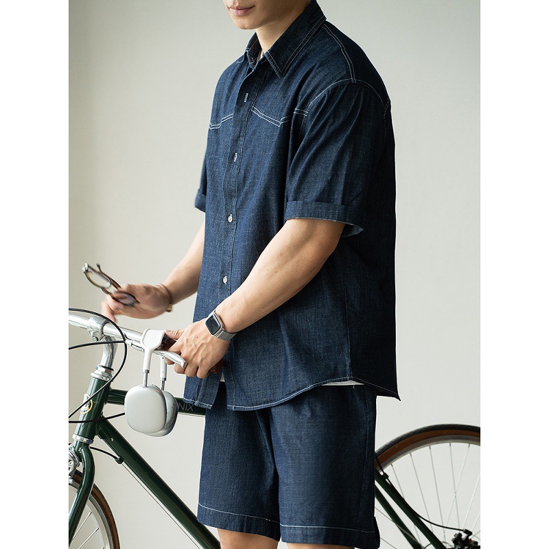 Bamboo Washed Denim Shirt Shorts Suit Men's 2025 Summer Topstitch Hand-Sewn Button Commuter Casual New Suit
