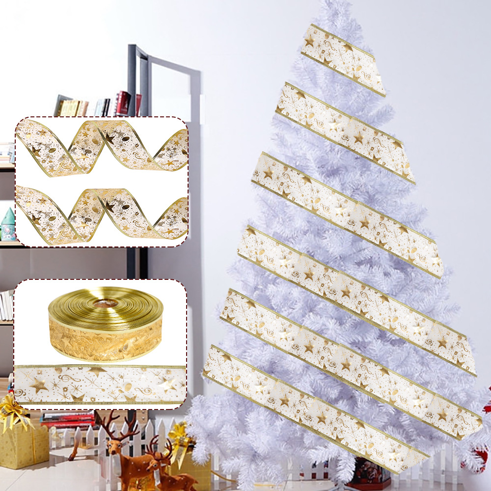 Cinta de cinta de nota de estrella de cinco puntas dorada transfronteriza decoración de árbol de Navidad embalaje de regalo de Navidad cinta de doble capa