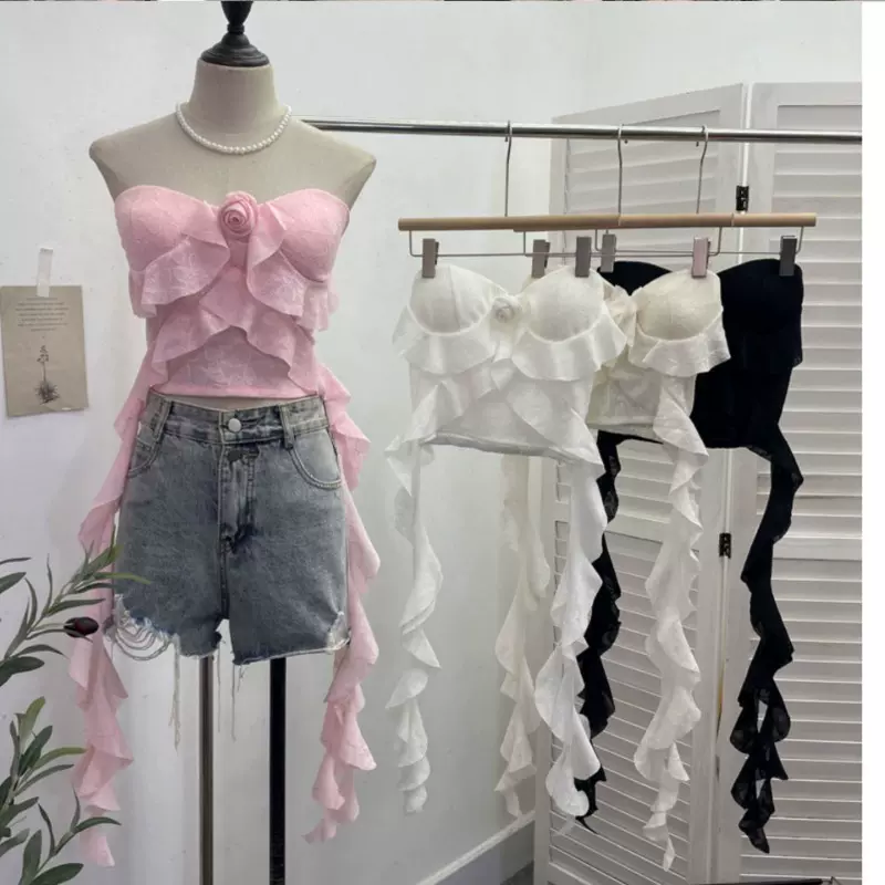 1919#纯欲风辣妹吊带背心设计感飘带花朵不规则荷叶边抹胸无袖上