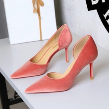9269-A European and American style daily sexy red soled fine heeled velvet side empty high heels, shallow mouth slimming pointed single shoes for women
