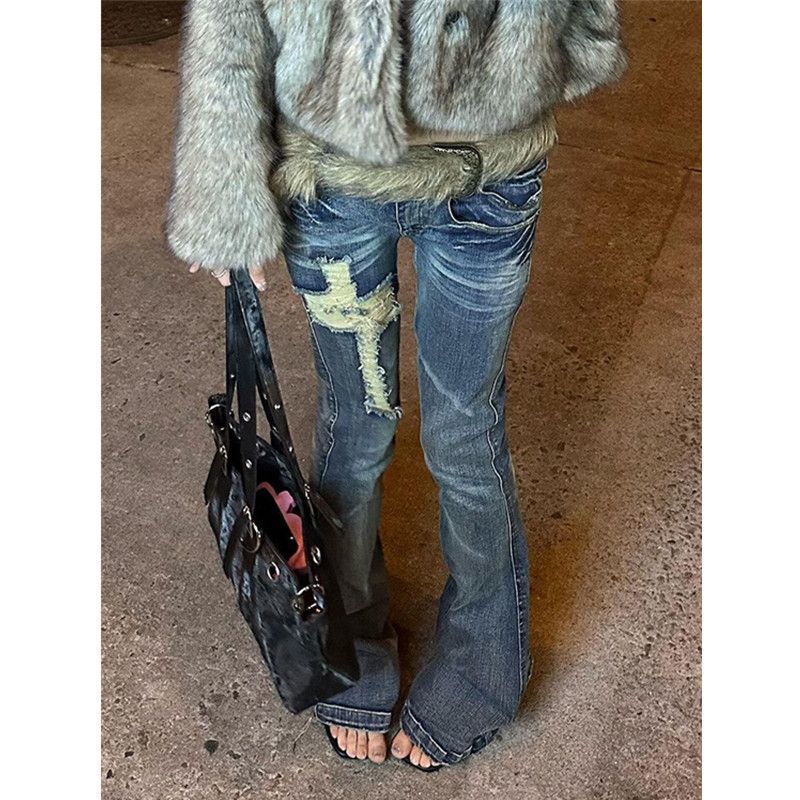 Tall Women's American Retro Style Low-Waist Flared Ripped Jeans, Slim Fit, Flattering, Ripped Bell-Bottom Pants Tall Women's American Retro Style Low-Waist Flared Ripped Jeans, Slim Fit, Flattering, Ripped Bell-Bottom Pants