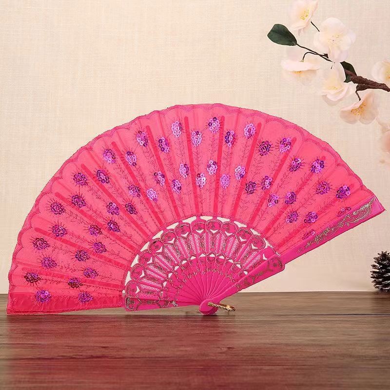 彩杆亮片折扇中国风跳舞折叠扇刺绣扇彩妆扇塑料扇厂家直销