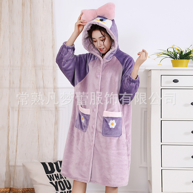 Pijamas de Franela con Estampado de Animales para Otoño e Invierno, Bata de Baño Cómoda de Algodón y Terciopelo, Camisón Grueso para el Hogar, Camisón Cómodo de Algodón y Terciopelo