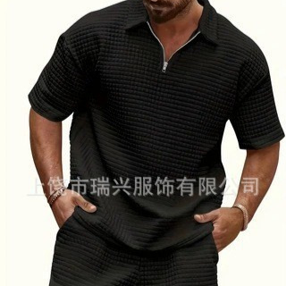 2025 Summer Export New Polo Shirt Men's Casual and Comfortable Jacquard Small Square Pure Color Lapel Sports Short Sleeves