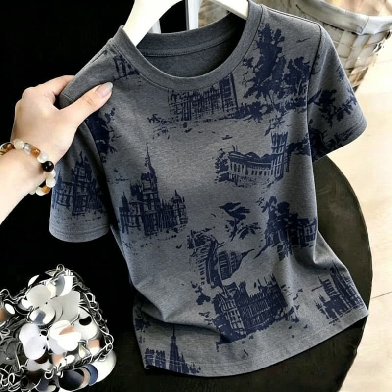 [Combed Cotton 95% Cotton 5% Spandex] Stylish and Youthful Printed Crew Neck Short-Sleeve T-Shirt - New Summer Style, Versatile, Fashionable, and Slimming