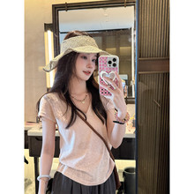 嫩粉色减龄V领雪花亚麻棉质打底衫女夏季薄款宽松短袖T恤内搭上衣