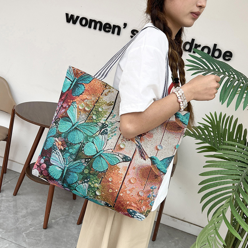 Ethnic Style Butterfly Three-Dimensional Embroidered Women's Canvas Bag Double-Sided Embroidery Casual Tote Bag Large Capacity Shoulder Bag Ethnic Style Butterfly Three-Dimensional Embroidered Women's Canvas Bag Double-Sided Embroidery Casual Tote Bag Large Capacity Shoulder Bag
