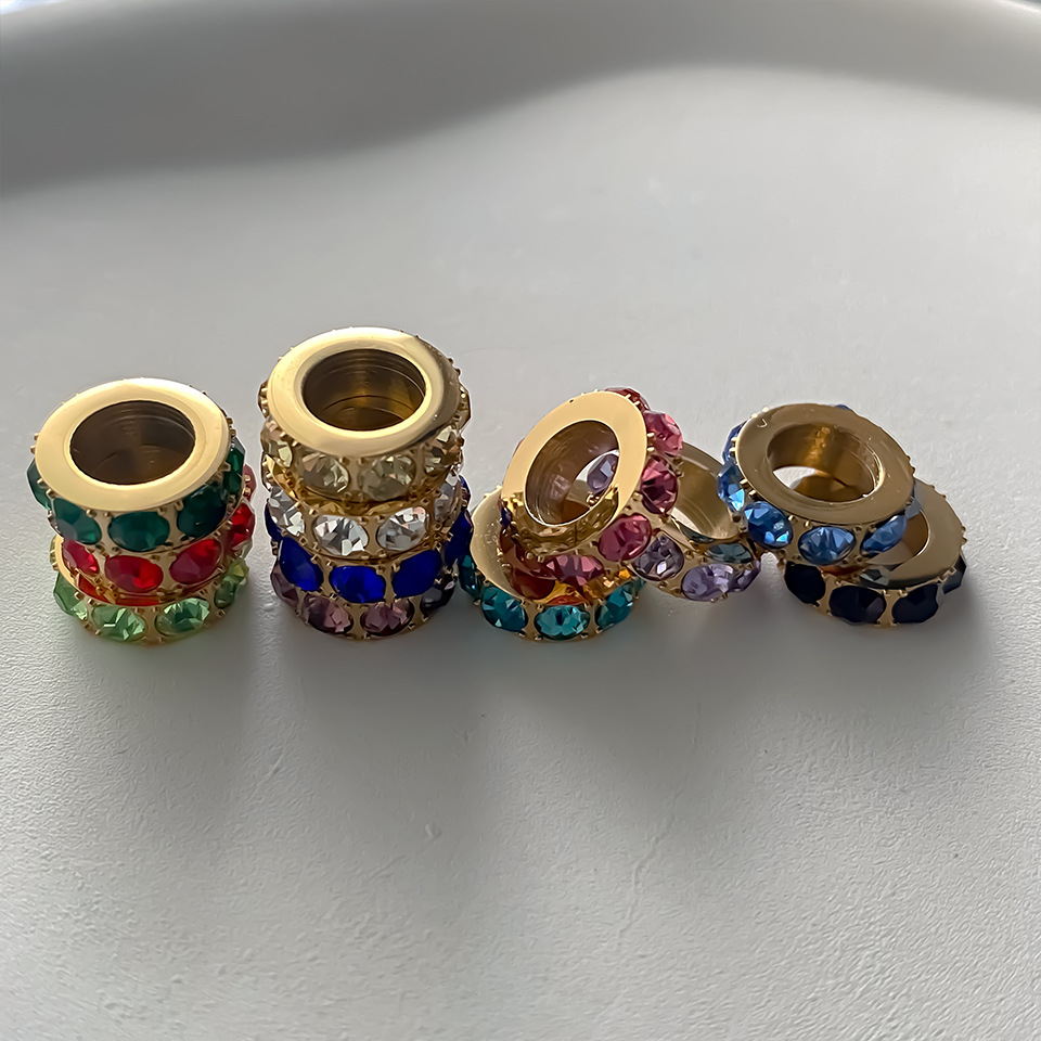 Stainless Steel Diamond-Encrusted Large Hole Spacer Spacer Beads DIY Jewelry Accessories Ins Necklace Pendant Gold-Plated Handmade Accessories
