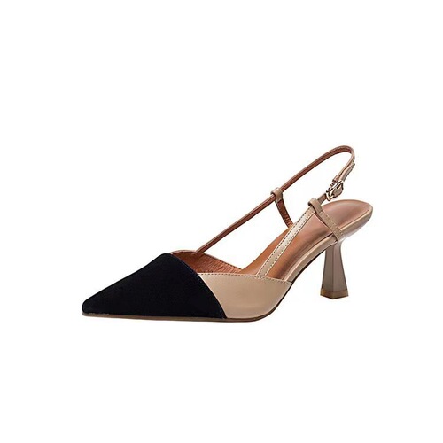 Summer Baotou sandals, French-style color-blocked Chanel-inspired stilettos with a pointed toe and delicate ankle strap.