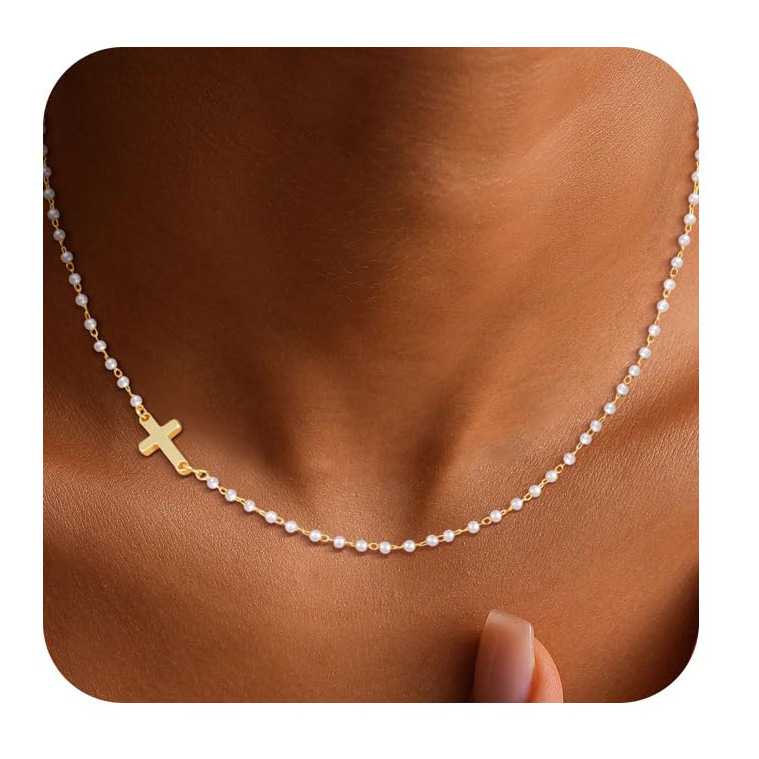 Stainless Steel Pearl Chain Handmade Chain Side Cross Necklace 18K Gold Pearl Chain Cross Necklace for Women