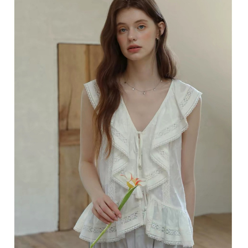 【Melliy 2026S/S New Arrival】New Style Lace Ruffled Sleeveless Jacquard Shirt for Women
