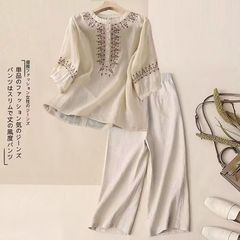 レトロな綿とリネンのシャツ半袖トップ春と夏の新しい中国風のスーツゆったりとしたカジュアルな女性用ワイドレッグパンツ