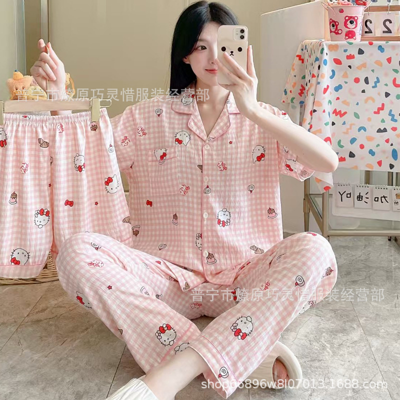 Pequeño pijama de corazón de melocotón para mujeres tres piezas de verano nubes de algodón se puede usar pantalones de manga corta para estudiantes de dibujos animados ropa para el hogar