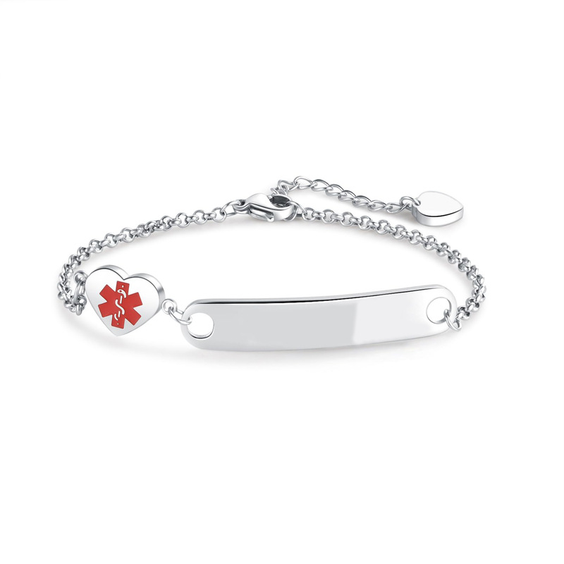 Stainless Steel Chain Bracelet with Medical Symbol, Heart Pendant, and Engraved Message. Stainless Steel Heart-Shaped Curved Tag Bracelet
