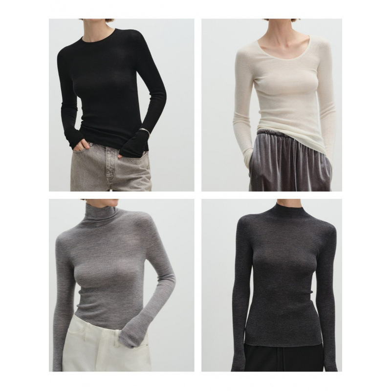 Maillard Coffee-Colored Knitted Base Shirt for Women, Slim Fit Rolled Edge Wool Top, Autumn Large Neckline Collarbone Inner Wear for Autumn and Winter