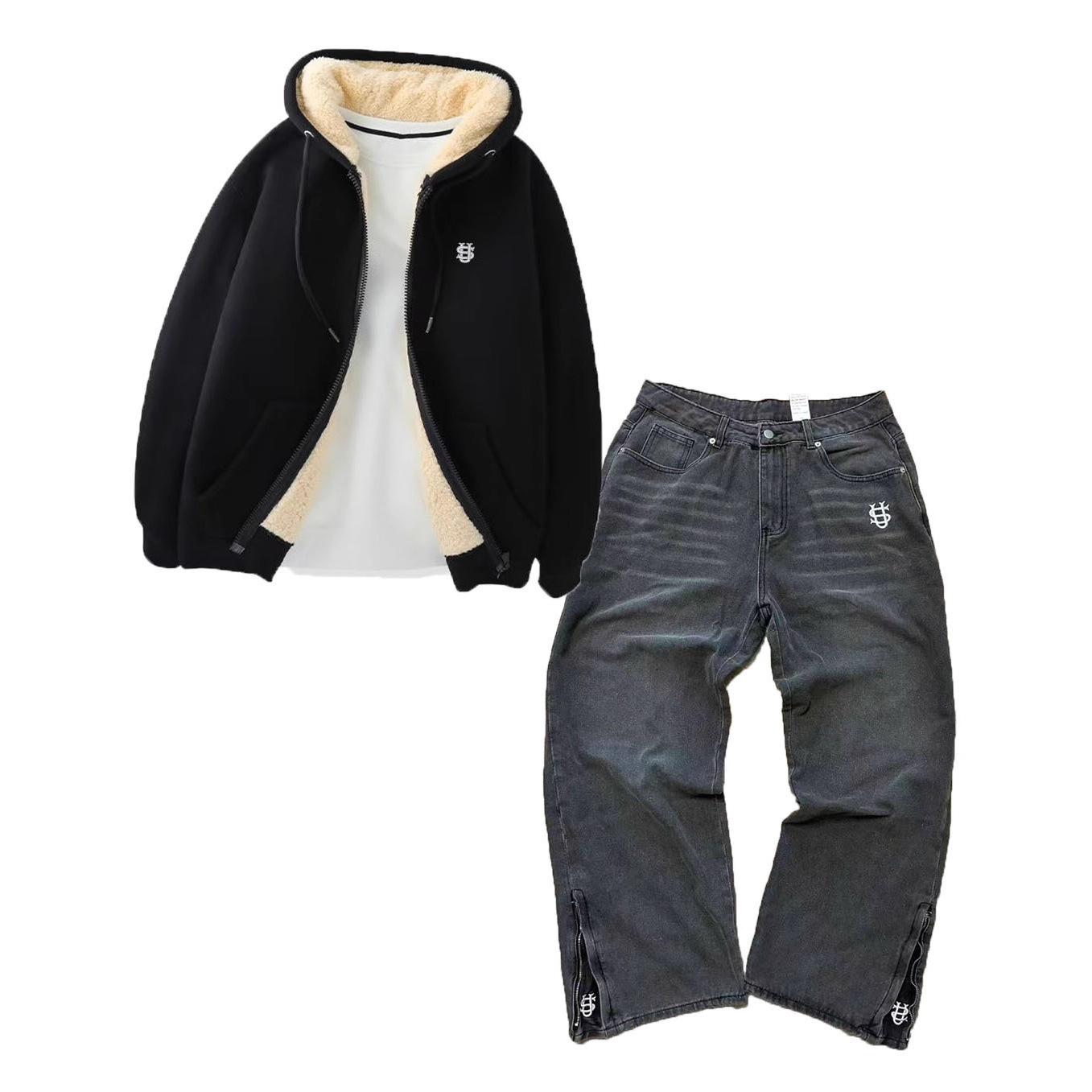 Men's Clothing Autumn And Winter Men's Letter Embroidery Hot Stamping Lambskin Jacket Jeans Suit_voghion.com