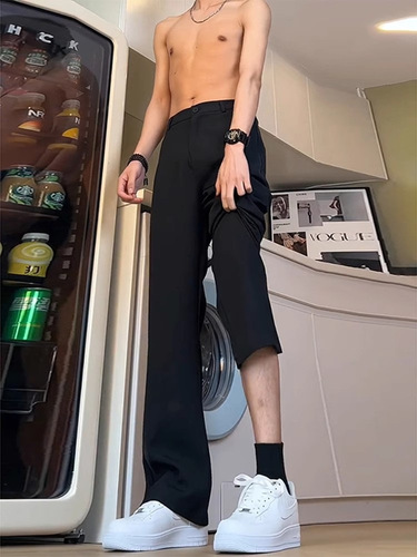 Men's Loose Trendy Straight Black Slimming Trousers with High-end Feel, Wrinkle-resistant, Korean-style Black Suit Pants
