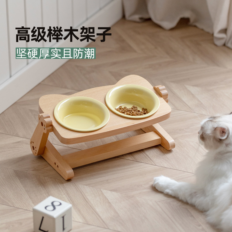 Cadena de gato de madera de haya, tazón de cerámica para gatos, tazón de comida para gatos, tazón de agua para proteger la columna cervical, tazón de comida para gatos y perros, tazón para mascotas