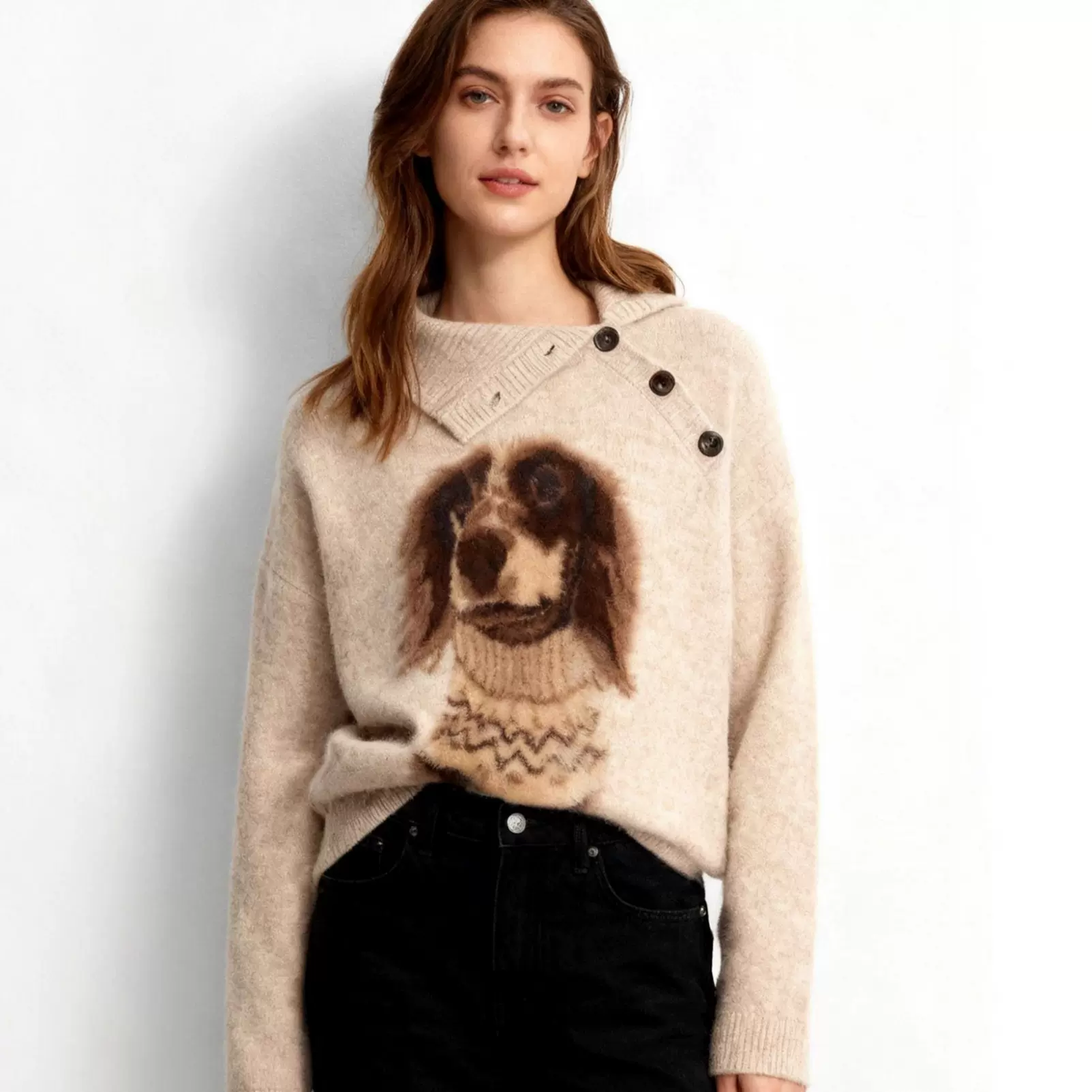 法式复古小狗提花针织衫女秋季宽松慵懒毛衣新款休闲高领长袖上衣