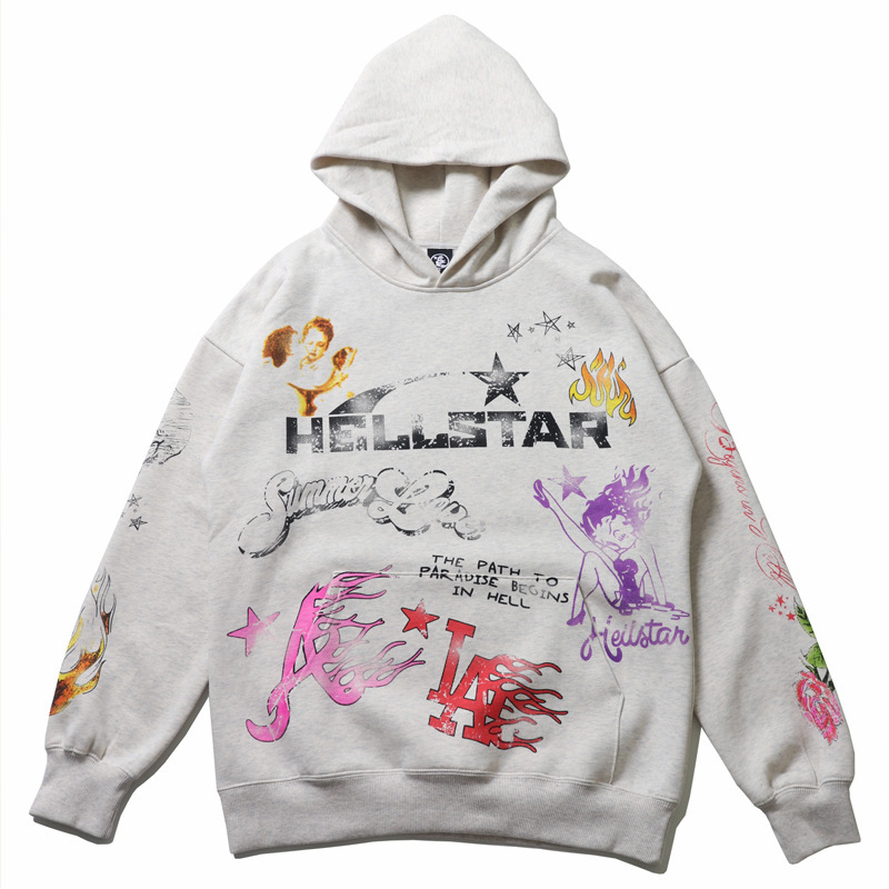 Cross-border European High Street HELL New Hell Star Skull Graffiti fleece-lined Loose Hooded Sweater Men's and Women's Hoodie Trendy