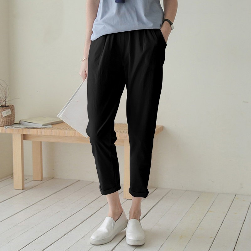 Women's High-Waisted Harem Pants 2026 Spring/Summer Casual Elastic Waist Cotton Linen Cropped Trousers Versatile Fashion_ecoleips.com