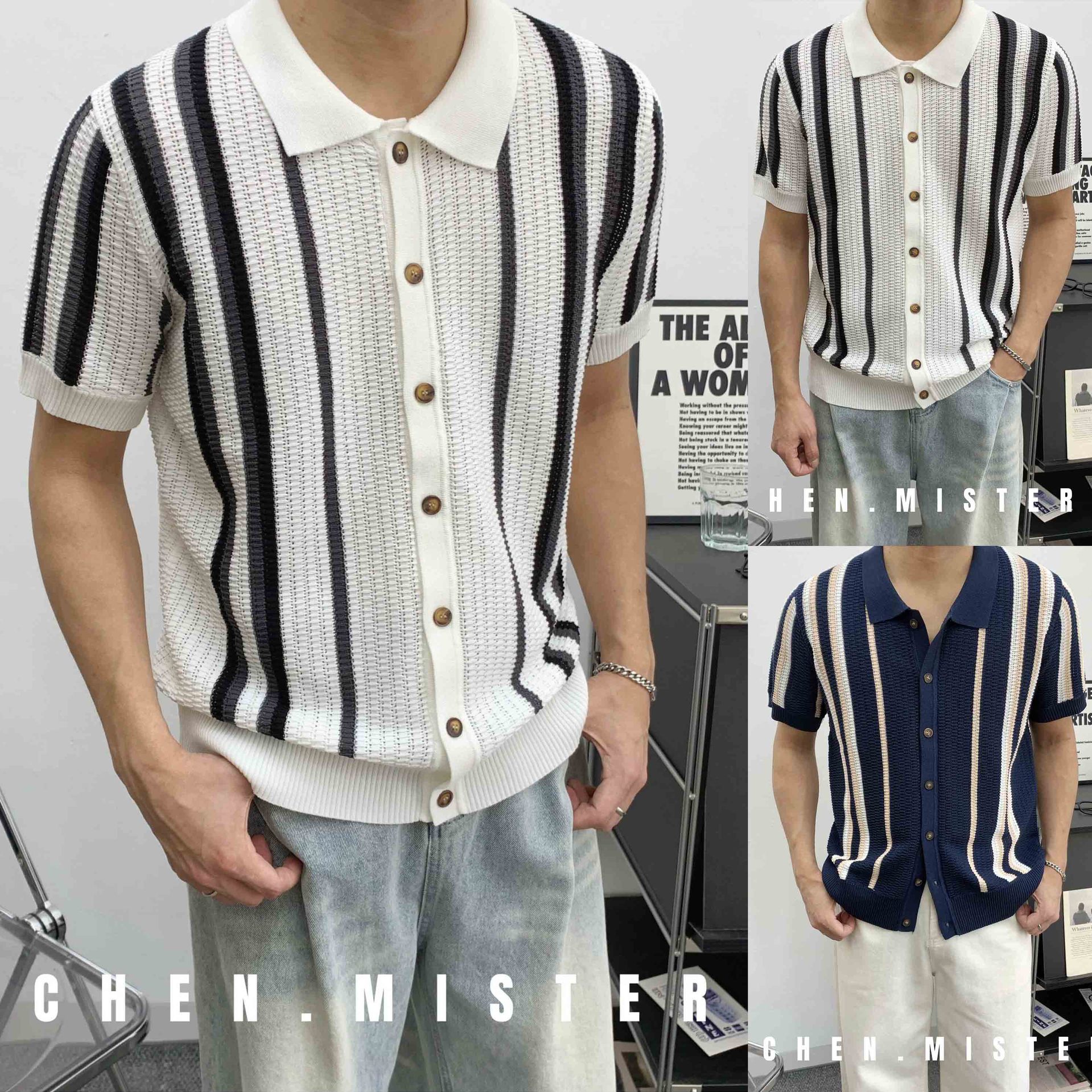 Polo camiseta de punto camiseta de manga corta hombre solapa rayas huecas viejas camisas de viento de verano hielo seda fábrica transfronteriza al por mayor