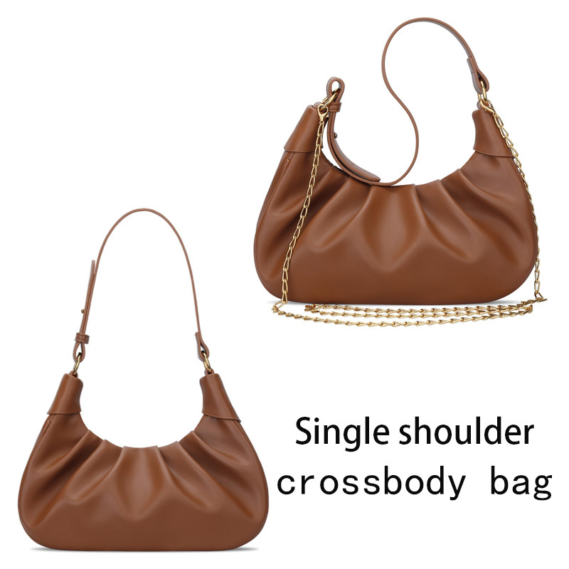 New crescent handbag, pleated handbag, underarm bag, women's mini hobo bag, detachable gold chain crossbody bag