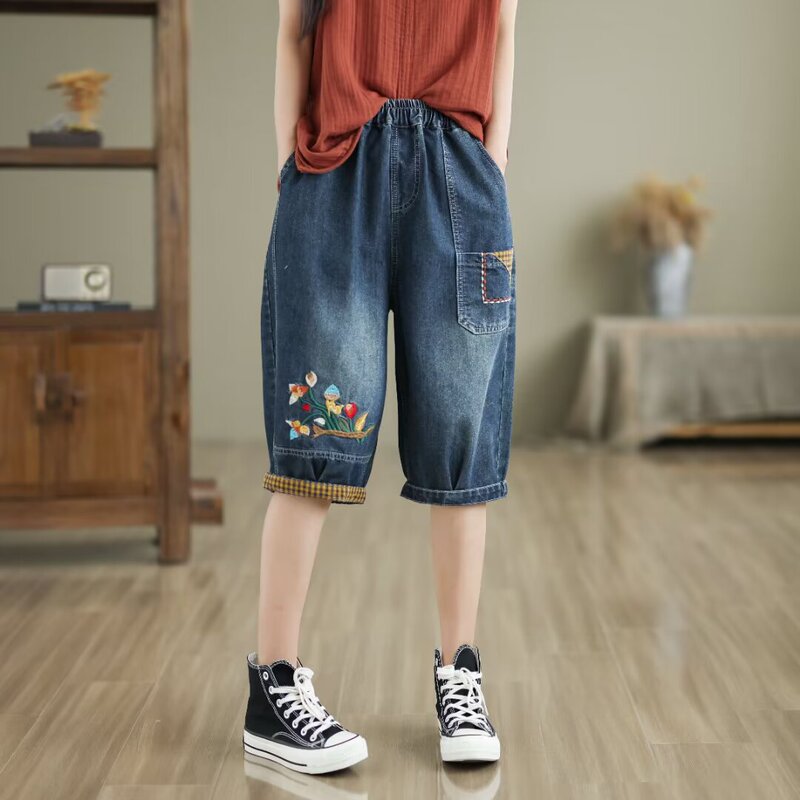 Summer New Shorts Chinese Style Original Embroidered Jeans Retro Ethnic Style Loose Five-Point Pants 1288