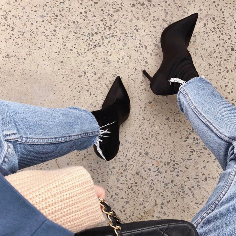 2021夏季簿款肯豆同款弹力布尖头袜靴女细跟高跟鞋瘦腿中筒短靴子