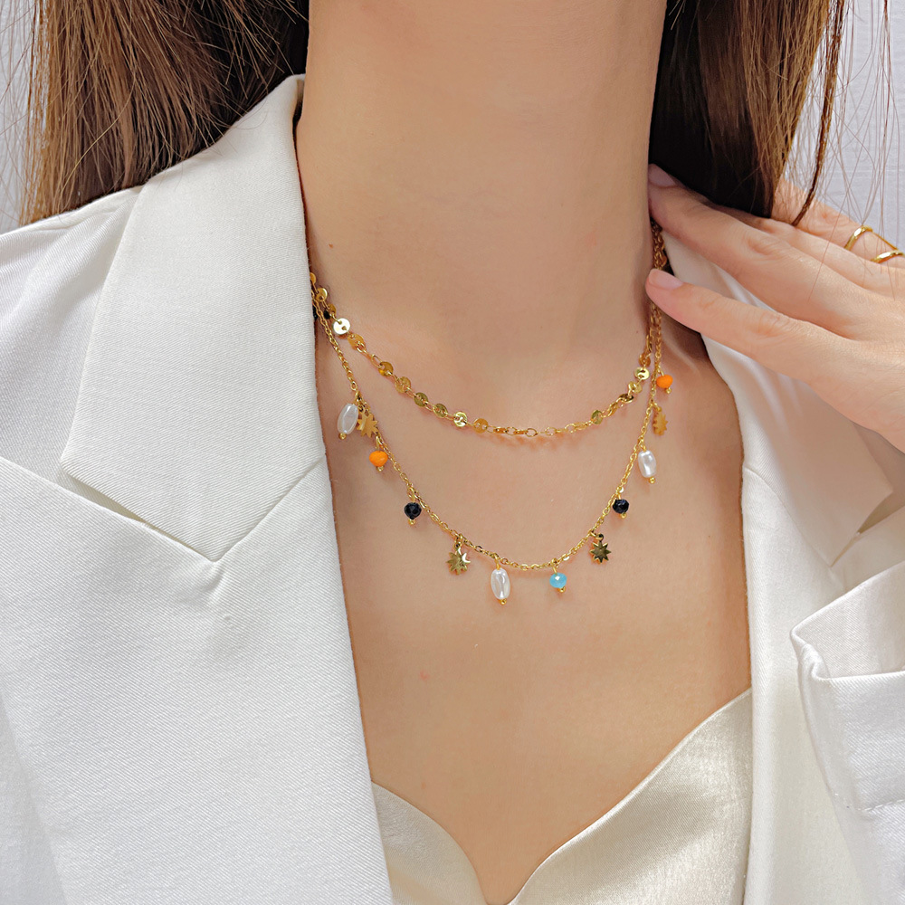 Europäische und amerikanische Mode, vielseitige, lässige Titanstahl-Doppelschicht-Perlenkette aus Edelstahl im Ethno-Stil für Damen_voghion.com