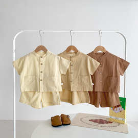 夏季儿童套装韩版男童棉薄款短袖2025新款纯色两件套居家服外出服