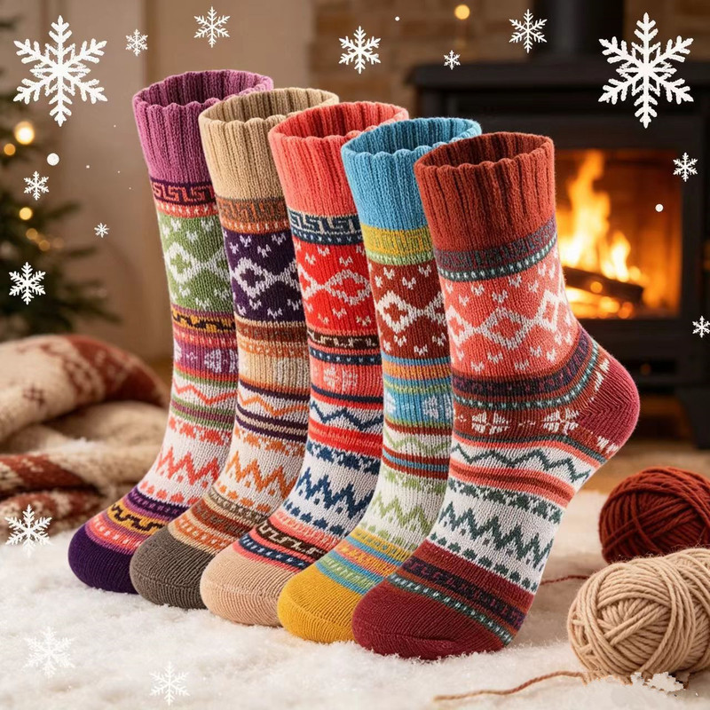 Cross-Border Supply Women's Retro Ethnic Style Wool Socks, Warm Wool Men's Thick Knit Sock Boots Cross-Border Supply Women's Retro Ethnic Style Wool Socks, Warm Wool Men's Thick Knit Sock Boots