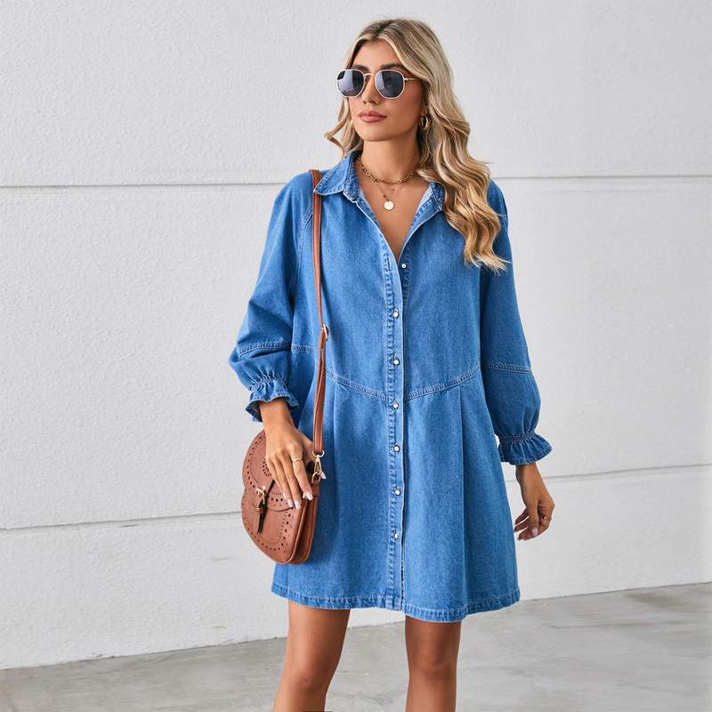 eBay European and American cross-border foreign trade Amazon new loose washed long sleeve stitching Denim dress midi dress for women