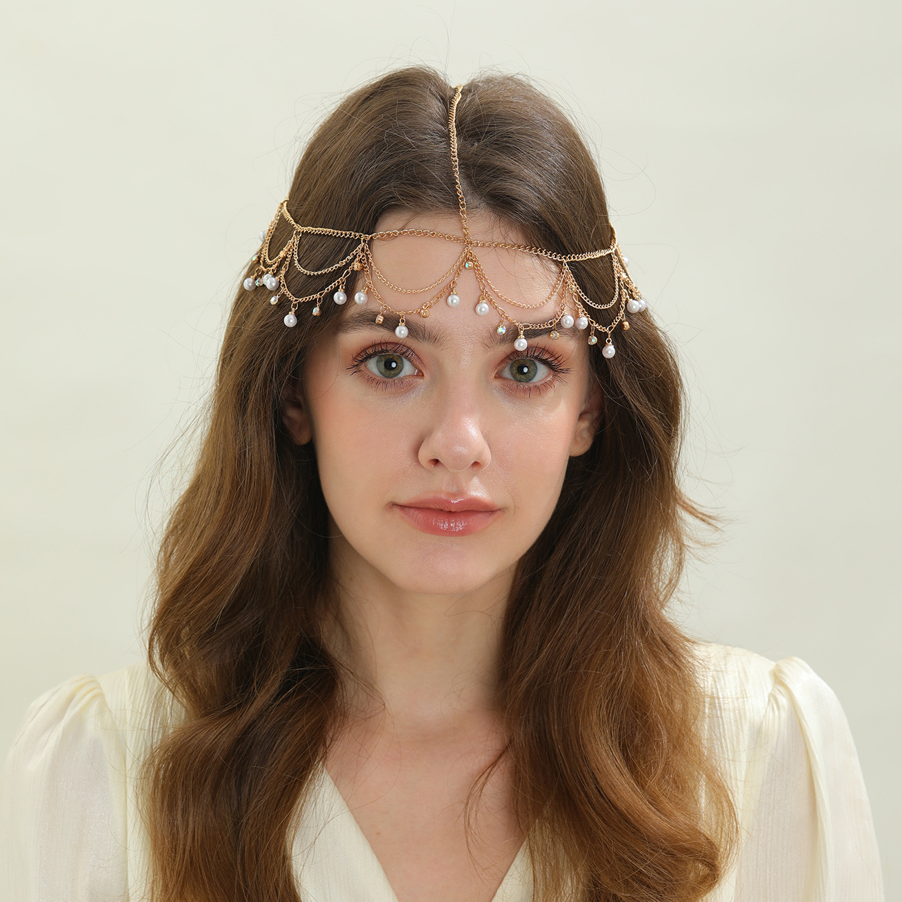European and American Exotic Princess Tiara Hair Chain Elegant Elf Queen Pearl Eyebrow Pendant Ancient Style Bride Ethnic Style