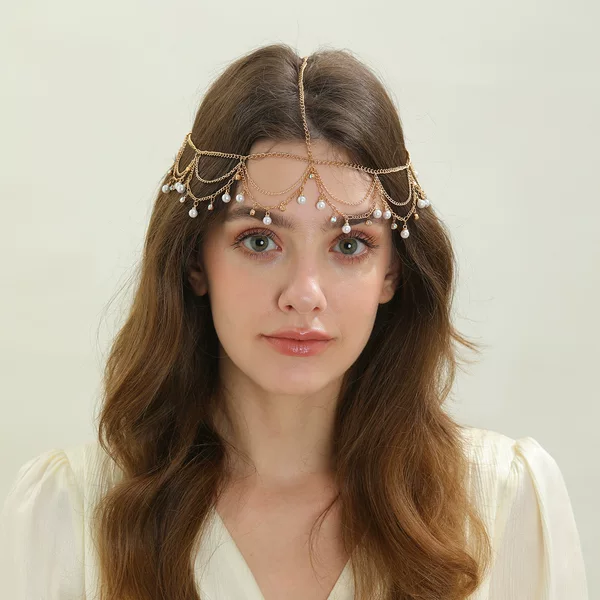 European and American Exotic Princess Tiara Hair Chain Elegant Elf Queen Pearl Eyebrow Pendant Ancient Style Bride Ethnic Style
