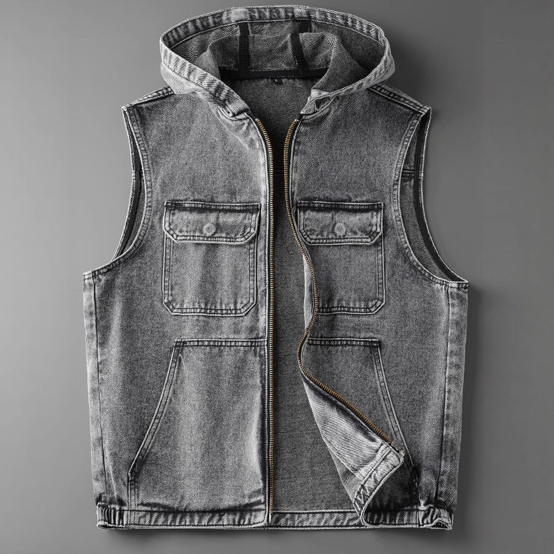 Summer American Hooded Denim Vest Men's Trendy Gray Retro Loose Motorcycle Zipper Handsome Vest Jacket