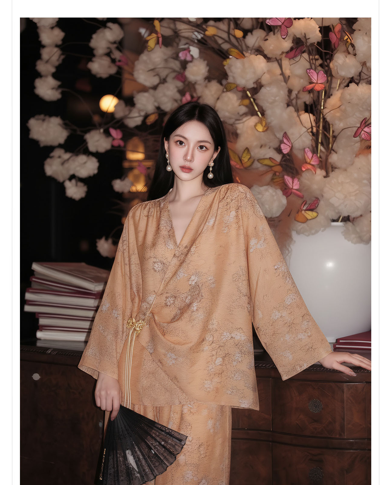 Bộ đồ bộ nữ phong cách Trung Hoa mới, áo rộng quần ống rộng họa tiết jacquard, form suông thoải mái — Trang chủ, bộ đồ, Quần dài chi tiết 3