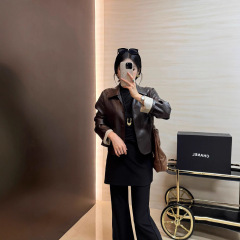 2025秋冬女装美式短款皮衣高级感翻领皮外套小个子宽松机车酷飒风