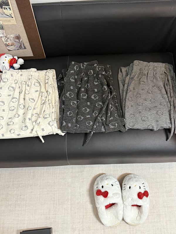 kitty猫咪糯米裤印花裤子少女慵懒松弛感阔腿裤松紧腰抽绳遛弯裤|undefined