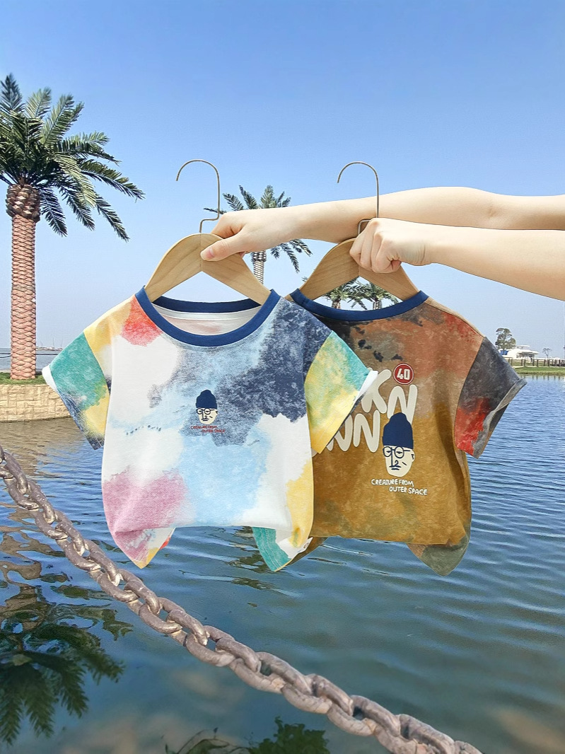 7832 Camiseta de manga corta de verano para niños Nueva versión coreana de la blusa de media manga de teñido anudado para bebés
