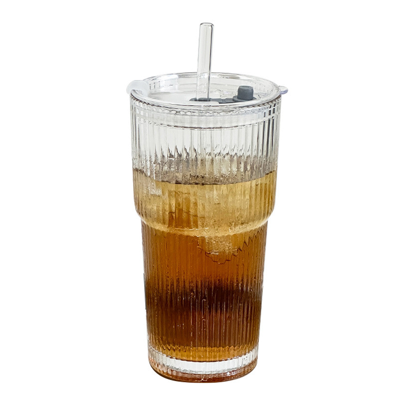 高颜值冷饮杯果汁咖啡杯带盖带吸管竖条纹玻璃杯水杯ins风大容量|undefined