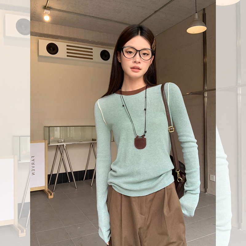 宋正恩复古长袖t恤女针织衫秋季修身显瘦慵懒高级内搭打底衫上衣|undefined