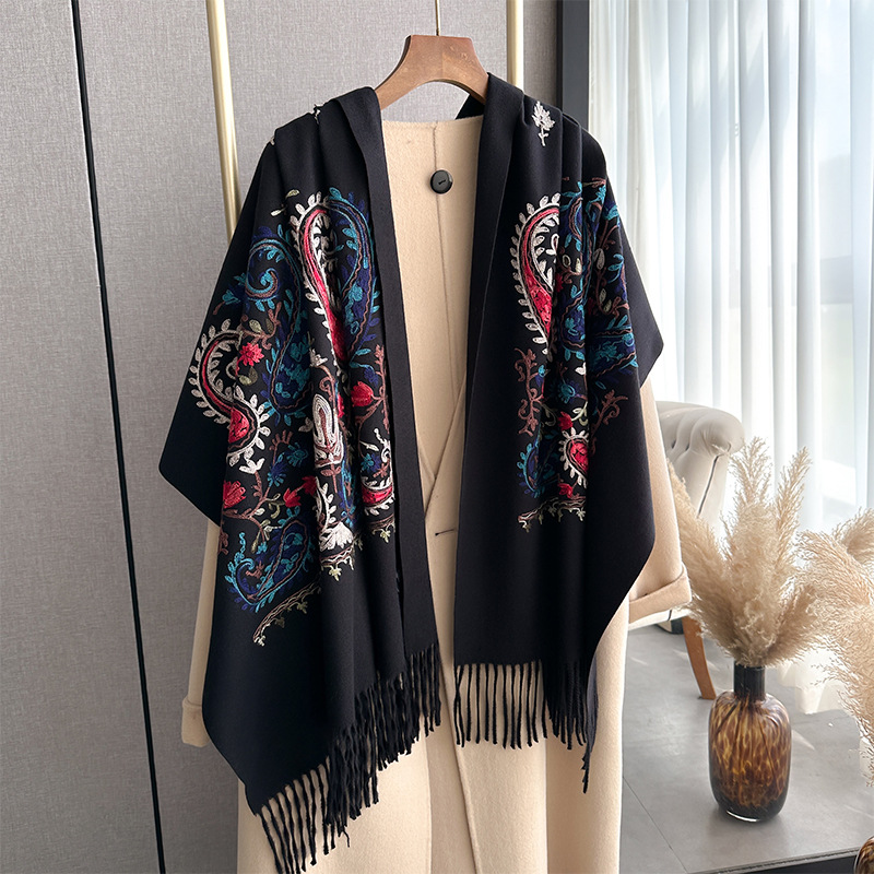 Nacionalidad viento bordado bufandas 2024 nuevo caju impresión retro imitación de cashmere grueso calentamiento larga camisa chal para mujeres image 3