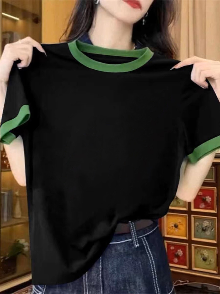 Design-Inspired Color-Blocking Pure Cotton Short-Sleeve T-Shirt for Women, Summer 2026 New Fashion Versatile Slim-Fit Regular Shoulder Round-Neck Top