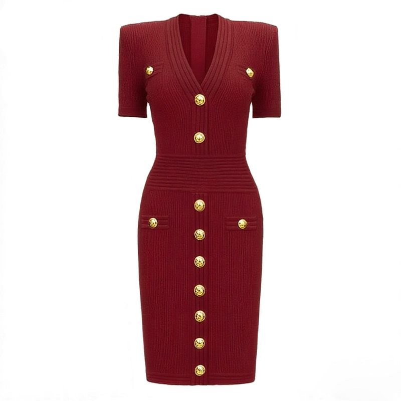 24129 in Stock~High-Quality Extended-Length Summer New Fashion Knitted V-Neck Slim-Fit Short-Sleeve Dress for Women