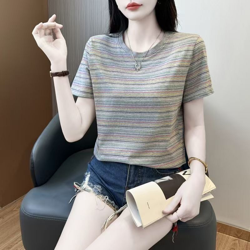 Striped T-shirt Large Size Women's Clothing New Summer Clothing Foreign Style Shirt Age-reducing Casual Loose T-shirt Short-sleeved Top_ecoleips.com